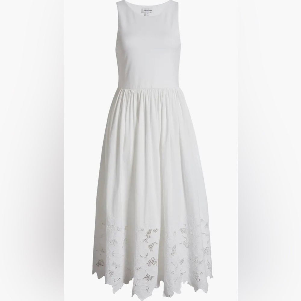 embroidered sleeveless mixed media sundress